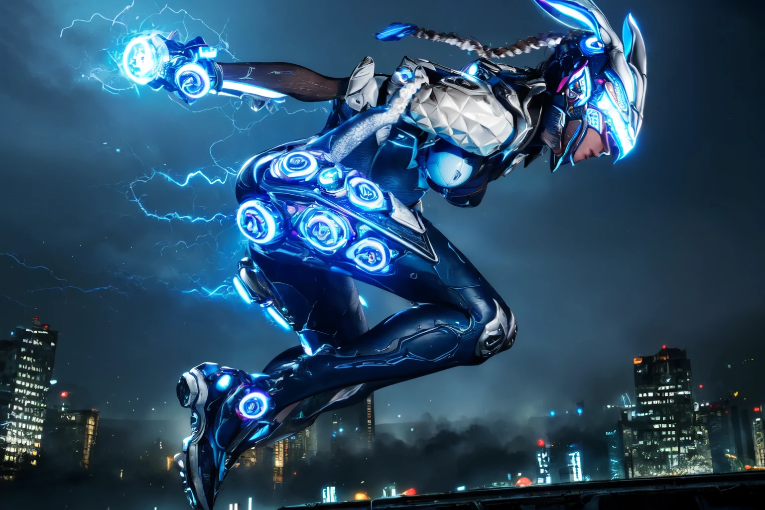 (a woman jumping in ruins of a city, dynamic motion at night, dark, foggy,), beautiful eyes, beautiful girl, high detail skin, high detail eyes, high detail hair, highres, ultra detailed, sharpen picture, Highly detailed, masterpiece, best quality, photorealistic, 
 <lora:BunnyLoRA:1> 1girl, helmet, rabbit ears, ponytail, bodysuit, lightning, glowing