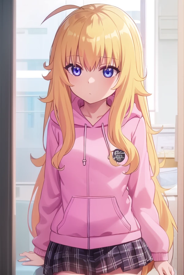 gabrieltenmawhite, <lora:gabriel tenma white s1-lora-nochekaiser:1>,
gabriel tenma white, long hair, blonde hair, (purple eyes:1.1), ahoge,
BREAK skirt, school uniform, jacket, shoes, socks, hood, plaid, hoodie, plaid skirt, black socks, (pink hoodie:1.5),
BREAK indoors, classroom,
BREAK looking at viewer, (cowboy shot:1.5),
BREAK <lyco:GoodHands-beta2:1>, (masterpiece:1.2), best quality, high resolution, unity 8k wallpaper, (illustration:0.8), (beautiful detailed eyes:1.6), extremely detailed face, perfect lighting, extremely detailed CG, (perfect hands, perfect anatomy),