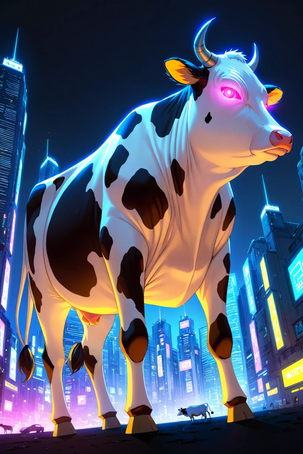 cyberpunk cow, from side, from below, glowing eyes, cityscape