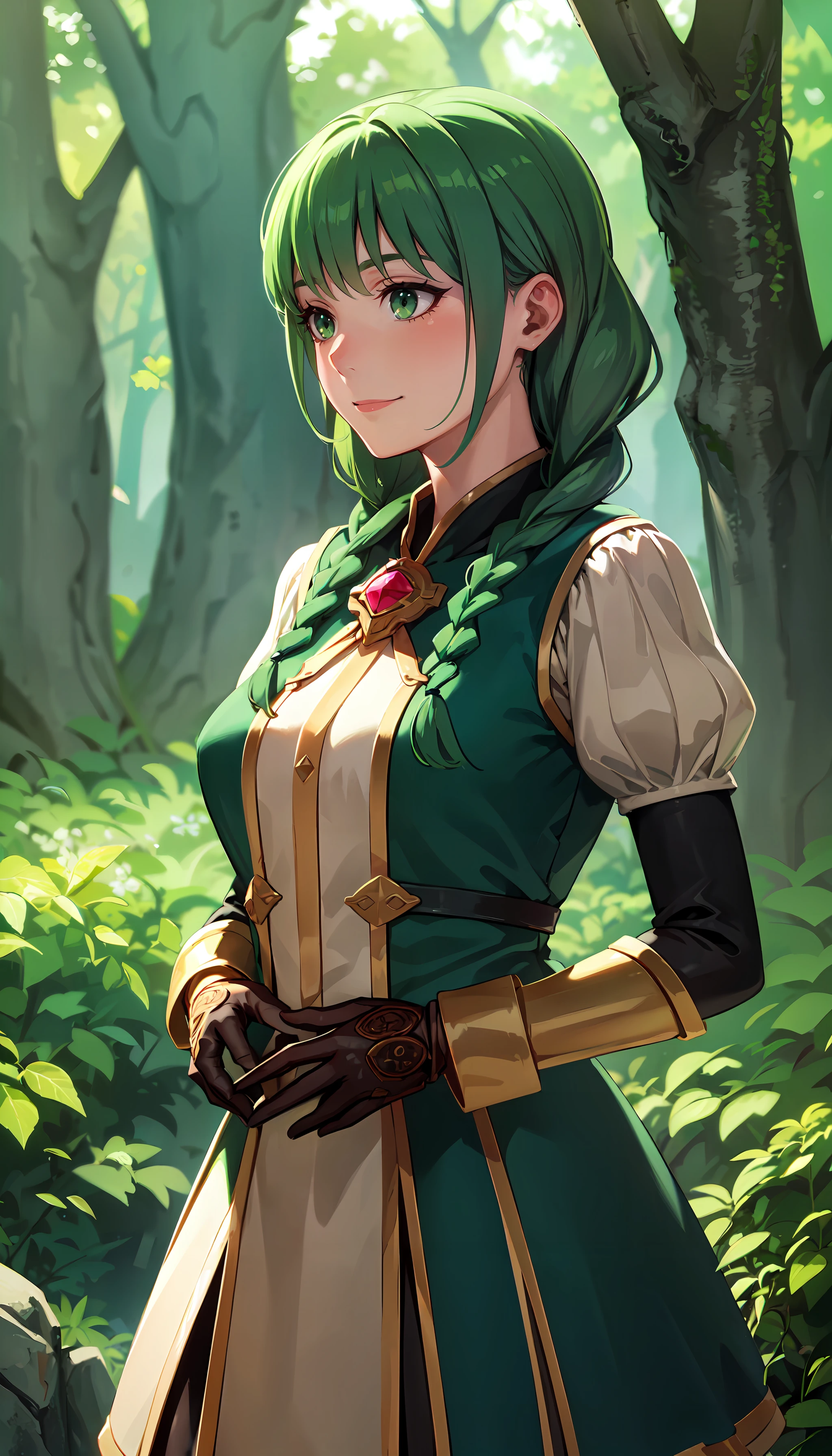 photorealistic, (4k), depth of field, (Masterpiece), (realistic skin texture), extremely detailed, intricate, hyper detailed, professional photography, bokeh, high resolution, sharp detail, best quality, girl, green hair, twin braids, long braids, green eyes, puffy sleeves, green and white dress, leather gloves, <lora:GoodHands-vanilla:0.8> , <lora:detail_slider_v4:0.8> , dynamic pose, chin in hand, <lora:Rishia Ivyred:0.7> , moss-covered forest clearing, towering oak tree, light rays shining through the tree canopy,