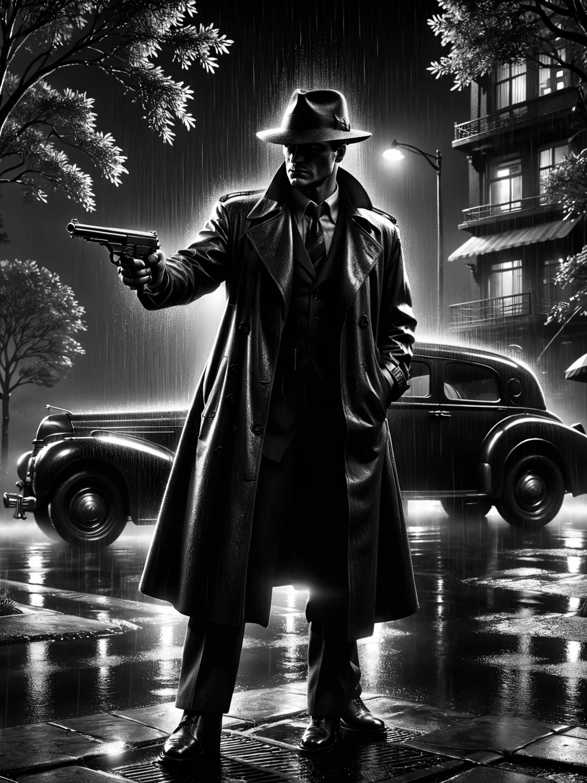 2man, trenchcoat, machine pistol, tommygun, in front of park car, 1940, noir, night, rain <lora:Sin_City_Movie_Style_SDXL:0.8> (mad-sincity:1.2), (masterpiece:1.2), best quality, (hyperdetailed, highest detailed:1.2), high resolution textures