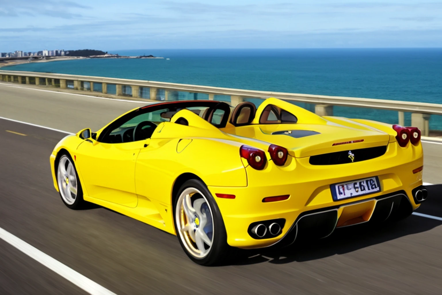 Photo of a yellow Ferrari F430 parked in front of a highway with an ocean view <lora:Ferrari_F430_Spider:.7>