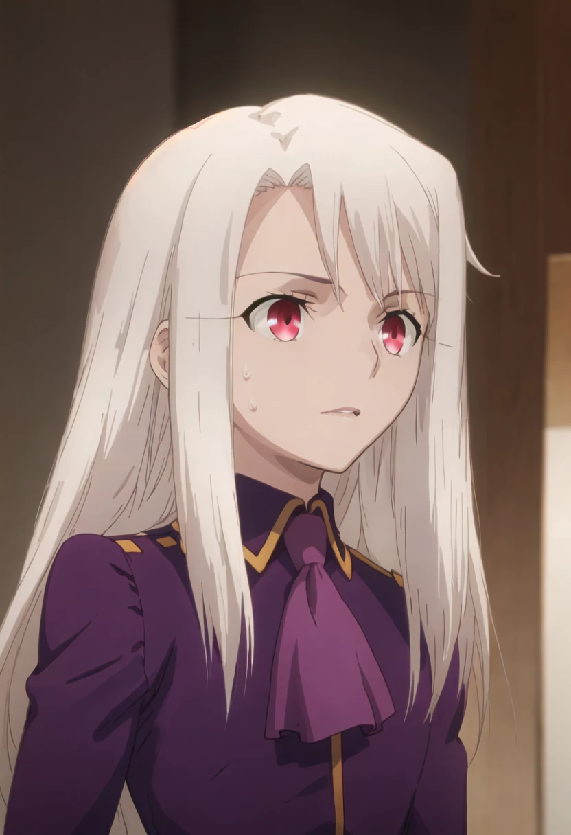 best quality, masterpiece, highres, solo, {illyasviel_von_einzbern_fatestaynightufotable:0.90}, 1girl, parody, upper_body, ascot, anime_coloring, purple_shirt