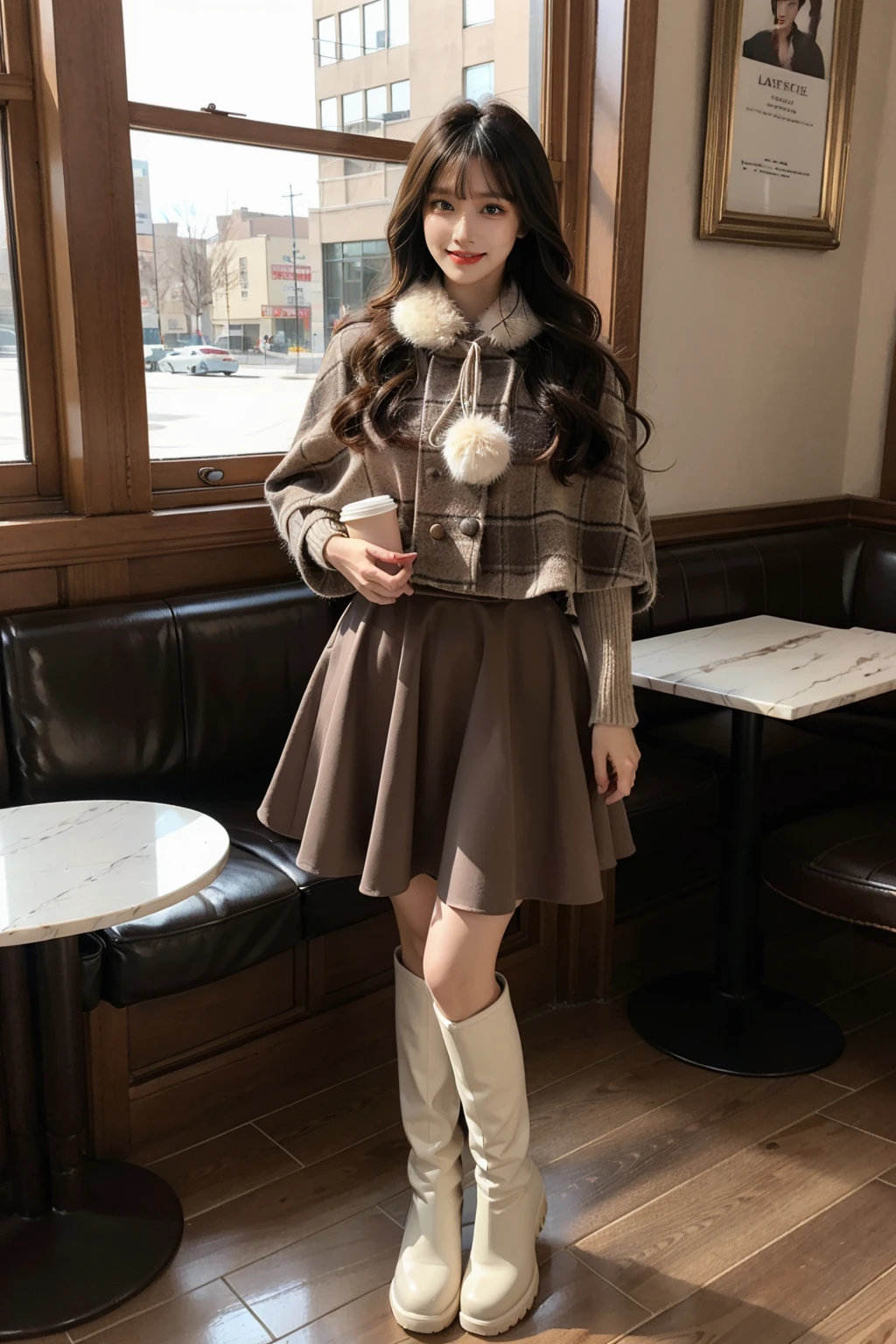 best quality, masterpiece, realistic, photorealistic, 1girl, solo, looking at viewer, light smile, full body, standing, long hair, black hair, bangs, cyb skirt, capelet, long sleeves, wool ball scarf, scarf, white boots, shoes, in cafe, coffee, indoors, rich detailed, <lora:dating_attire_style7_v1:0.7>