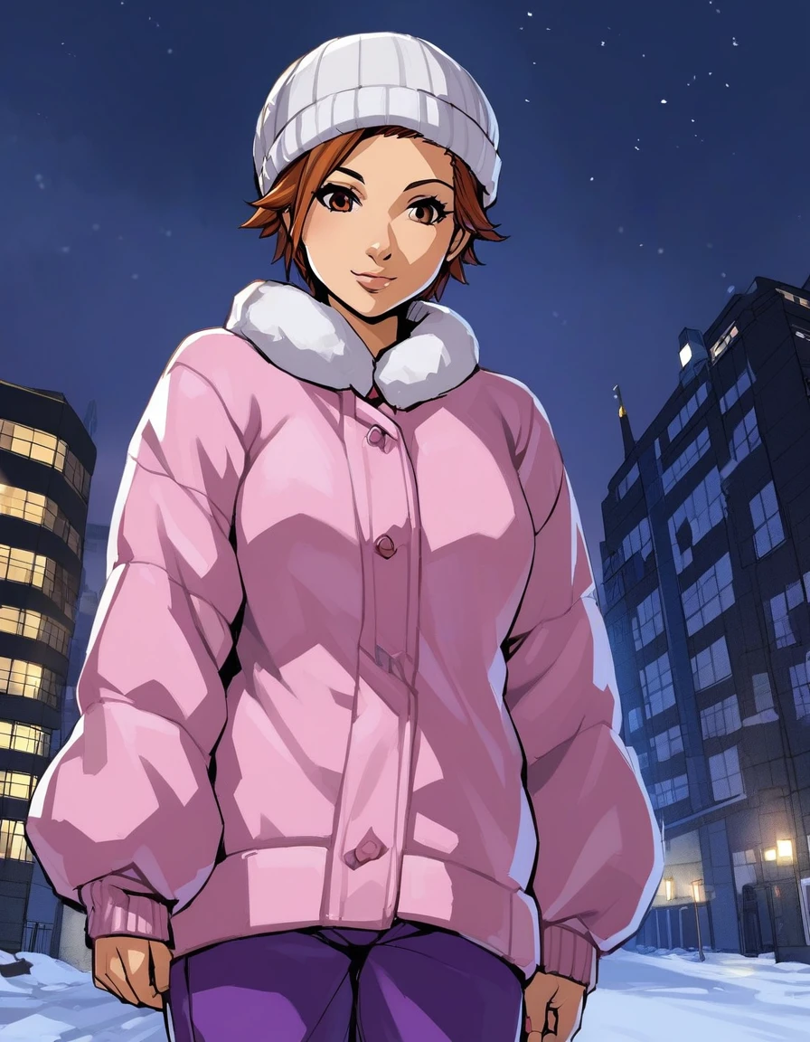 1girl,akarih1080,very short hair,Winter Clothes,Cloth Hat,ear flaps down,Purple Pants,Pink Coat,outdoors,at night,in arctic city, <lora:AkariHXL:0.8>