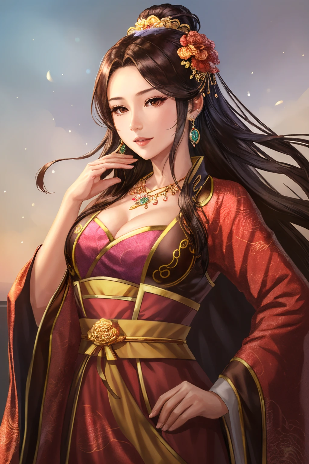 san14 beauty, 1girl, solo, long hair, hair ornament, brown eyes, jewelry, flower, earrings, hair flower, necklace, chinese clothes <lora:RomanceOfThreeKingdomStyle_v1:1>
