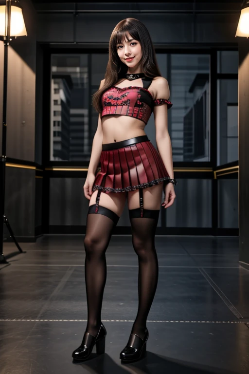 ((Masterpiece, best quality, cinematic lighting, 8k, full body shot, long hair)), (smile:0.85), (realistic scenic background)
<lora:Red_Latex_Skirt_Top_By_Stable_Yogi:0.8>
latex red and black pleated micro skirt, black printed top, midriff, thigh highs, garter straps, shoes