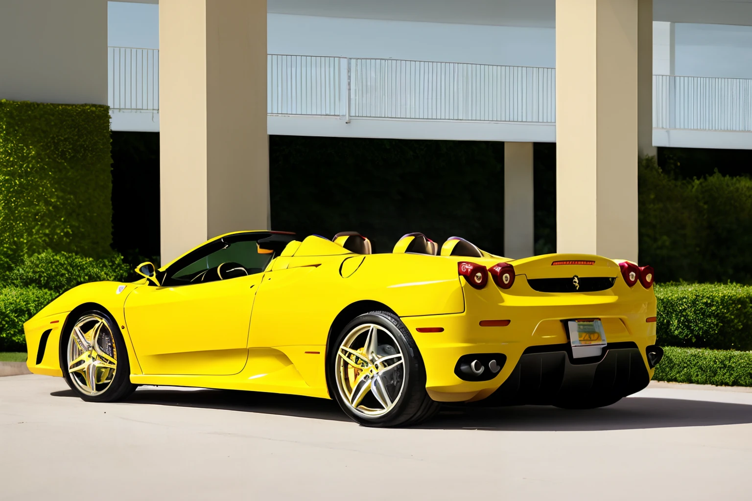 Photo of a yellow Ferrari F430 parked under a porte-cochere <lora:Ferrari_F430_Spider:.8>