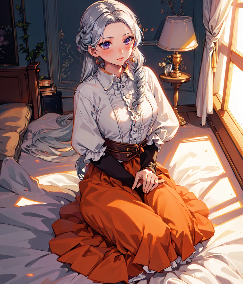 masterpiece, high res, detailed face, detailed eyes, anime screencap, 1 girl, solo, undressing, looking to the viewer, blushing, grey hair, grey eyes, hair up, braid, long orange skirt, closeup, full body, indoors, bedroom <lora:Chris lightfellow:0.9>