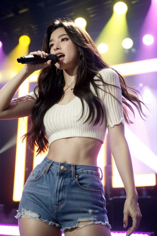 Kpop idols performing on stage, back view, short denim tight shorts