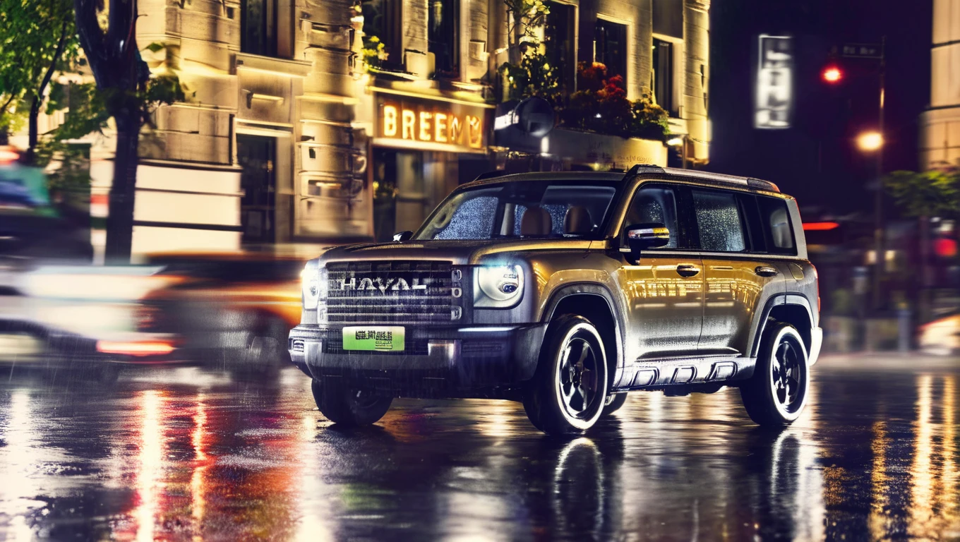 a close-up of a gold Menglong B26 in the frontend view driving down a wet city street at night, with a coffee shop and a brew lane coffee shop in the background.. photo, realistic <lora:sdxl_menglong_b26_9_16:1.0>