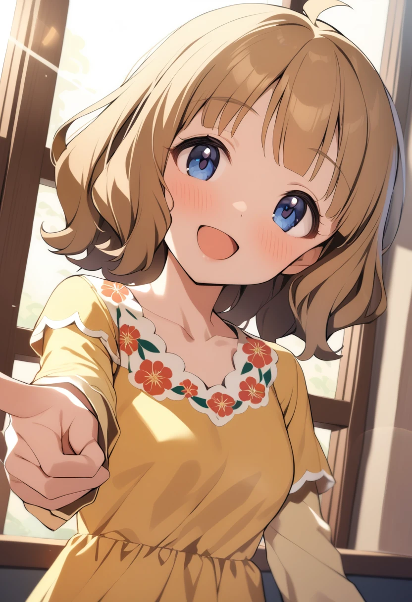 1girl, suou momoko, casual, dutch angle, short hair, upper body, light brown hair, brown hair, collarbone, blunt bangs, yellow shirt, wavy hair, holding, medium hair, blue eyes, blush, smile, open mouth, ahoge, hand up, blonde hair, yellow dress, pointing, eyebrows visible through hair, long sleeves, indoors, looking at viewer, head tilt, :d, solo, lens flare, window, print dress, floral print, short over long sleeves, layered sleeves, masterpiece, best quality <lora:suou_momoko_sdxl_locon_v1_1:0.7>