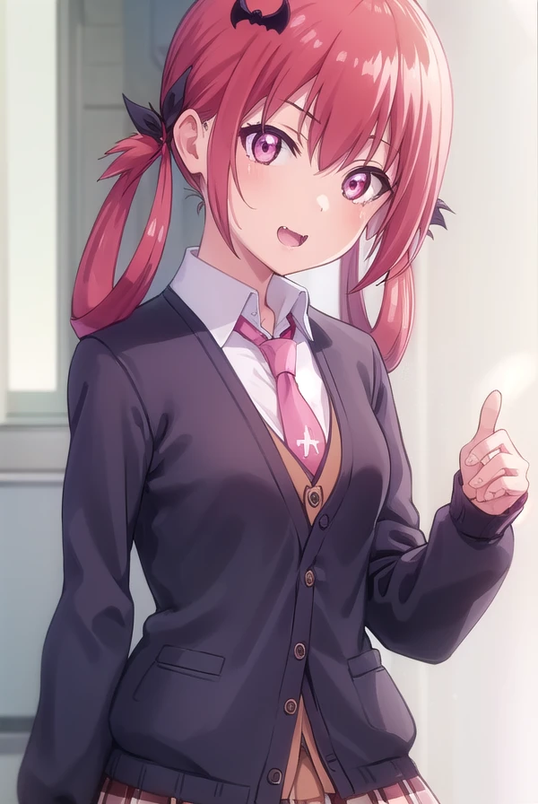 satanichiakurumizawamcdowell, <lora:satanichia kurumizawa mcdowell s1-lora-nochekaiser:1>,
satanichia kurumizawa mcdowell, hair ornament, red hair, hair rings, bat hair ornament, (pink eyes:1.3), fang, smile, open mouth, smug,
BREAK skirt, shirt, school uniform, pleated skirt, necktie, shoes, socks, collared shirt, plaid, kneehighs, black shirt, plaid skirt, cardigan, black socks, inverted cross, (brown cardigan:1.2),
BREAK indoors, classroom,
BREAK looking at viewer, (cowboy shot:1.5),
BREAK <lyco:GoodHands-beta2:1>, (masterpiece:1.2), best quality, high resolution, unity 8k wallpaper, (illustration:0.8), (beautiful detailed eyes:1.6), extremely detailed face, perfect lighting, extremely detailed CG, (perfect hands, perfect anatomy),