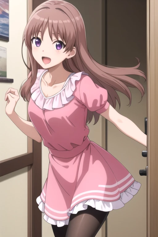 ((masterpiece)),(best quality),official art,extremely detailed CG,unity 8k wallpaper,ultra detailed,beautiful detailed eyes,extremely detailed face,office,1girl,solo,cowboy shot,looking at viewer,facing viewer,:d,long_hair,floating hair,brown_hair,hair intakes,sidelocks,bangs,purple_eyes,open mouth,collarbone,puffy_short_sleeves,puffy_short_sleeves,short_sleeves,pink_dress,black_pantyhose,red footwear,high_heels,<lora:Fuwa Rinna(mstast)>,