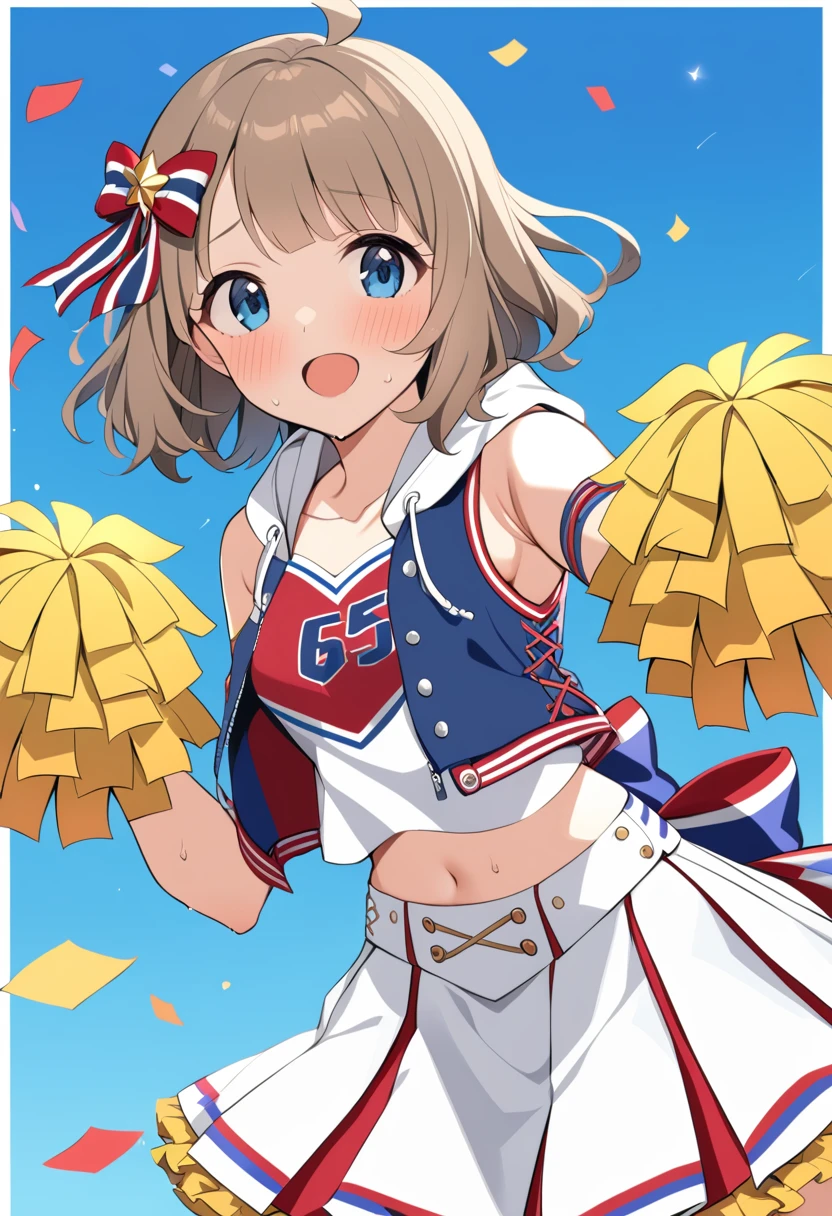 1girl, suou momoko, going charmy, miniskirt, sleeveless, frilled skirt, looking at viewer, hair ribbon, blue sky, sweat, blue vest, short hair, outstretched arm, belt, hoodie, blush, light brown hair, pom pom \(cheerleading\), frills, open mouth, collarbone, blue eyes, border, hood, ahoge, brown hair, standing, armpits, star hair ornament, cheerleader, vest, leaning forward, cheering, sky, white border, bare shoulders, clothes writing, hair bow, striped ribbon, drawstring, sleeveless jacket, holding, striped bow, white skirt, sleeveless shirt, hooded vest, hair ornament, grey hair, confetti, armband, arm strap, midriff, navel, crop top, holding pom poms, blue background, red bow, hood down, cowboy shot, eyebrows visible through hair, pleated skirt, solo, open vest, multicolored bow, arm ribbon, two-tone skirt, back bow, masterpiece, best quality <lora:suou_momoko_sdxl_locon_v1_1:0.7>