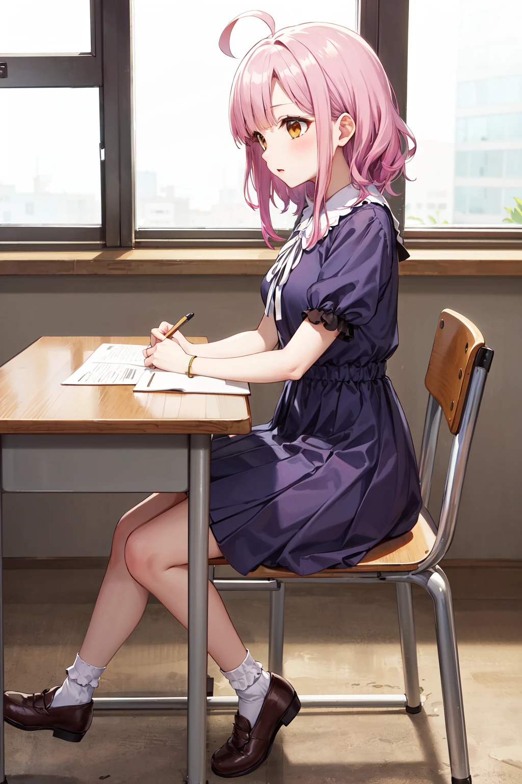 masterpiece,best quality,highres,ultra-detailed,sakura megumi,ahoge,long hair,hairclip,cross necklace,ribbon,purple dress,short sleeves,socks,white socks,shoes,brown footwear,<lora:sakura_megumi:0.8>,indoors,sitting,desk,chair,classroom,(studying:1.4),from_side,