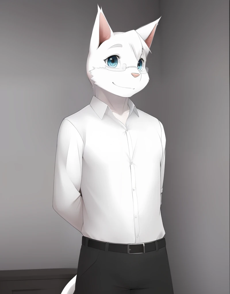 (((detailed eyes, detailed face))), (furry, tsukishiro <lora:character_tsukishiro_findigo_v1:0.9>, white skin, white hair, glasses, cat, aqua eyes), male, (solo), (plump), (white shirt, black pants), standing, (arms behind back), smile BREAK (konzaburou, ukan_muri, cute), bedroom, (flat shading, flat color, high brightness), 8k, UHD, masterpiece, (full body)