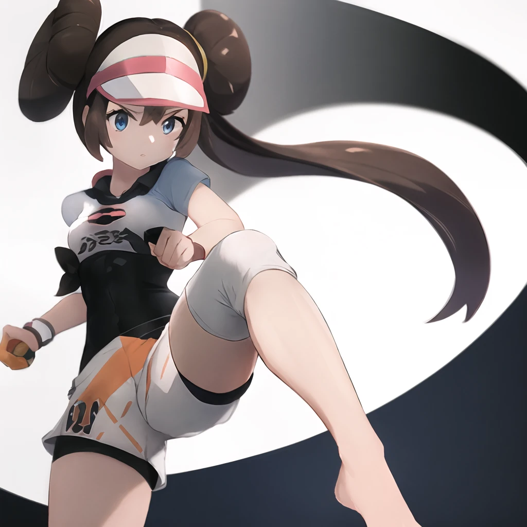 masterpiece, best quality, highly detailed, 1girl, solo, <lora:rosa_pokemon-09:0.8> (rosa_pokemon:1.3),
visor, brown hair, hair buns, long hair, twintails, blue eyes,
gym,
<lora:bea_outfit-08:1> (bea_outfit:1.3), bodysuit, black bodysuit, bodysuit under clothes, hairband, black hairband, bow hairband, shirt, knee pads, shorts, short shorts, short sleeves, white shirt,
standing, fighting stance, standing on one leg, barefoot