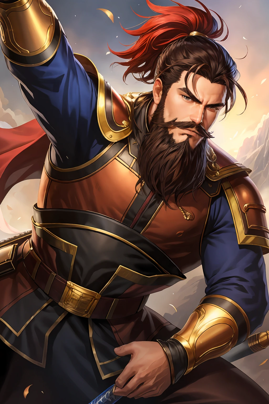 san14 general, solo, 1boy, weapon, male focus, facial hair, beard, mustache <lora:RomanceOfThreeKingdomStyle_v1:0.8>
