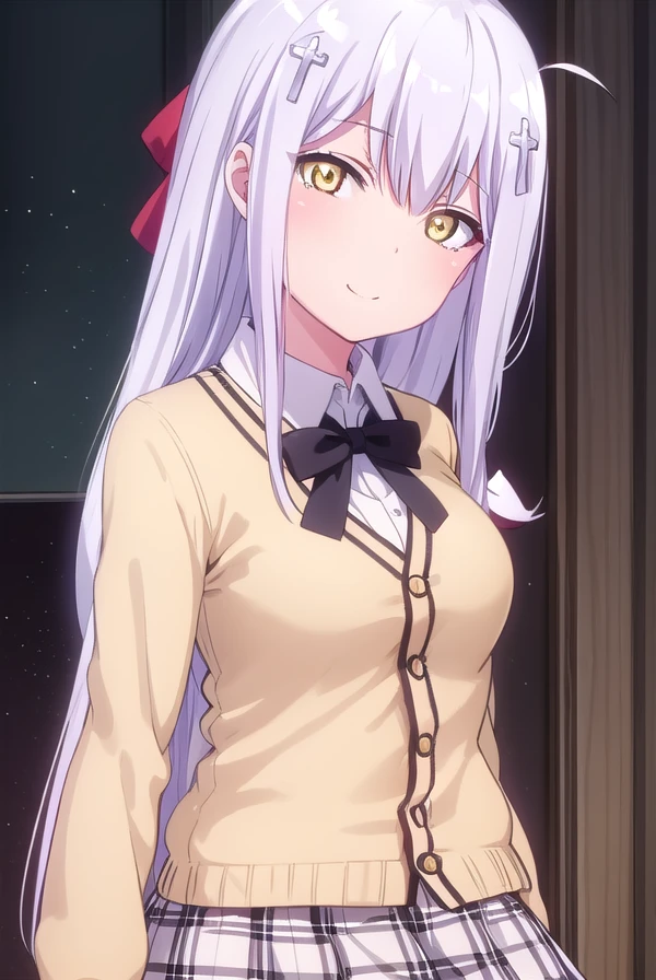 raphielshirahaainsworth, <lora:raphiel shiraha ainsworth s1-lora-nochekaiser:1>,
raphiel shiraha ainsworth, long hair, ahoge, white hair, hair ornament, cross hair ornament, (yellow eyes:1.3), smile, smug,
BREAK skirt, school uniform, shoes, socks, plaid, kneehighs, plaid skirt, cardigan, black socks, loafers, bow, black bow, bowtie, (white cardigan:1.2), red skirt,
BREAK indoors, classroom,
BREAK looking at viewer, (cowboy shot:1.5),
BREAK <lyco:GoodHands-beta2:1>, (masterpiece:1.2), best quality, high resolution, unity 8k wallpaper, (illustration:0.8), (beautiful detailed eyes:1.6), extremely detailed face, perfect lighting, extremely detailed CG, (perfect hands, perfect anatomy),