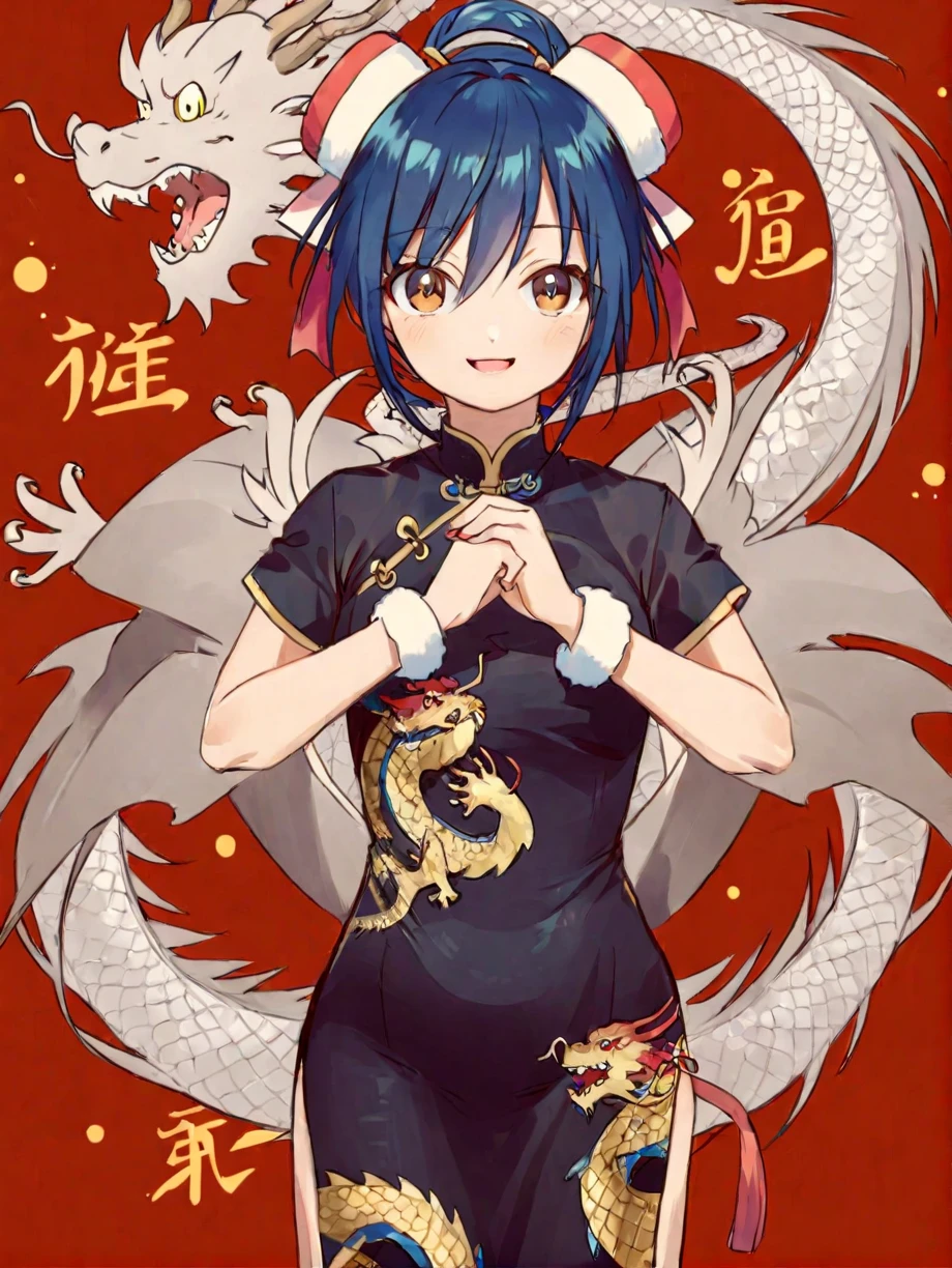 (1girl:1.2),(solo:1.2),masterpiece,best quality,highly detailed,best quality,illustration,highres,extremely detailed wallpaper,anime screencap,third-party edit,happy,qipao,chinese new year,chinese dragon,by reiko,
nice hands,perfect hands,palm-fist greeting,bainian pose,<lora:bainianPoseXL:0.9>,