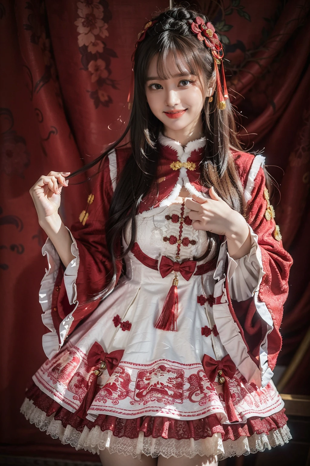 best quality, masterpiece, realistic, photorealistic, 1girl, solo, looking at viewer, light smile, cowboy shot, standing, long hair, black hair, bangs, cyb dress, chinese clothes, long sleeves, capelet, frills, frilled dress, wide sleeves, simple background, <lora:chinese_new_year_dress_style3_v3:0.7>