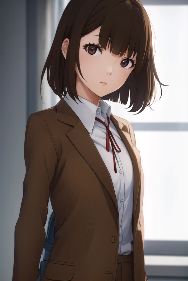 chiyokurihara, <lora:chiyo kurihara s1-lora-nochekaiser:1>,
chiyo kurihara, brown hair, (brown eyes:1.5), short hair, bangs, blunt bangs,
BREAK ribbon, school uniform, jacket, red ribbon, neck ribbon, blazer,
BREAK indoors, classroom, school,
BREAK looking at viewer, (cowboy shot:1.5),
BREAK <lyco:GoodHands-beta2:1>, (masterpiece:1.2), best quality, high resolution, unity 8k wallpaper, (illustration:0.8), (beautiful detailed eyes:1.6), extremely detailed face, perfect lighting, extremely detailed CG, (perfect hands, perfect anatomy),