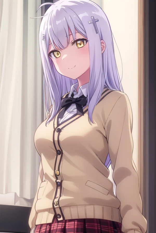raphielshirahaainsworth, <lora:raphiel shiraha ainsworth s1-lora-nochekaiser:1>,
raphiel shiraha ainsworth, long hair, ahoge, white hair, hair ornament, cross hair ornament, (yellow eyes:1.3), smile, smug,
BREAK skirt, school uniform, shoes, socks, plaid, kneehighs, plaid skirt, cardigan, black socks, loafers, bow, black bow, bowtie, (white cardigan:1.2), red skirt,
BREAK indoors, classroom,
BREAK looking at viewer, (cowboy shot:1.5),
BREAK <lyco:GoodHands-beta2:1>, (masterpiece:1.2), best quality, high resolution, unity 8k wallpaper, (illustration:0.8), (beautiful detailed eyes:1.6), extremely detailed face, perfect lighting, extremely detailed CG, (perfect hands, perfect anatomy),