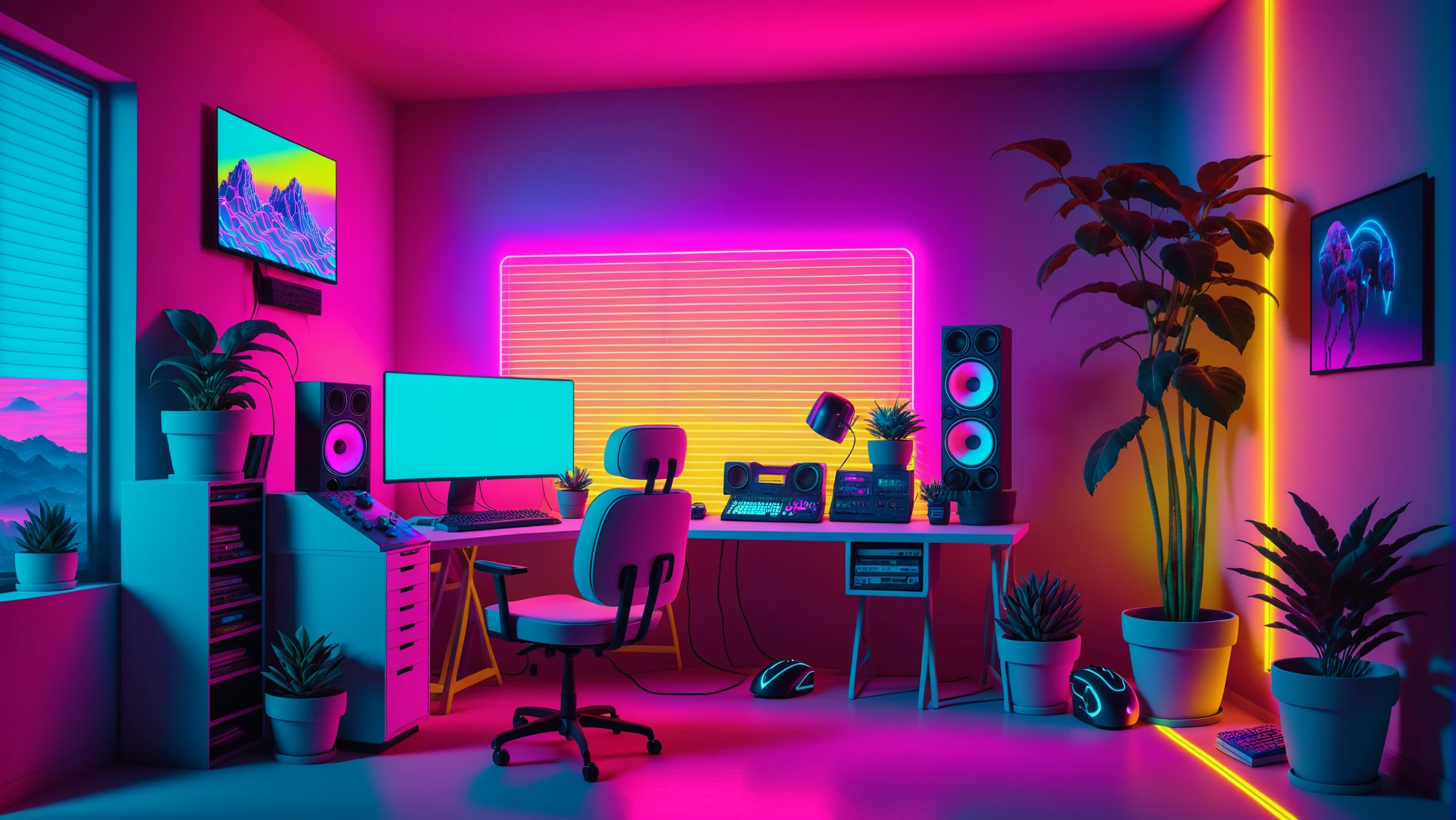 futuristic office interior with neon track lighting, Matrix Movie vibes, holographic, music vibes, synthwave gradient pink yellow and blue theme with 1980s neon, indoors with an aesthetic like it's the year 2499, gamer's bedroom, book, gradient themes background, no humans, chair, phone, table, plant, box, scenery, desk, ball, paper, lamp, computer, monitor, laptop, book stack, keyboard , (computer), flower pot, mouse , (computer), screen, masterpiece, official art, best quality , volumetric lighting, studio lighting, absurdres, extremely detailed, 32k UHD, award winning desktop wallpaper rule of thirds, post apocalyptic, Hyperdetailed Photography, Landscape Photography, wide shot, Movie Still, Cinematic, wallpaper fusion, Wave Art Style, holo-punk style, <lora:WallpaperFusionXL:0.2>, <lora:WaveArtXL:0.5>, <lora:HoloPunkXL:0.4>