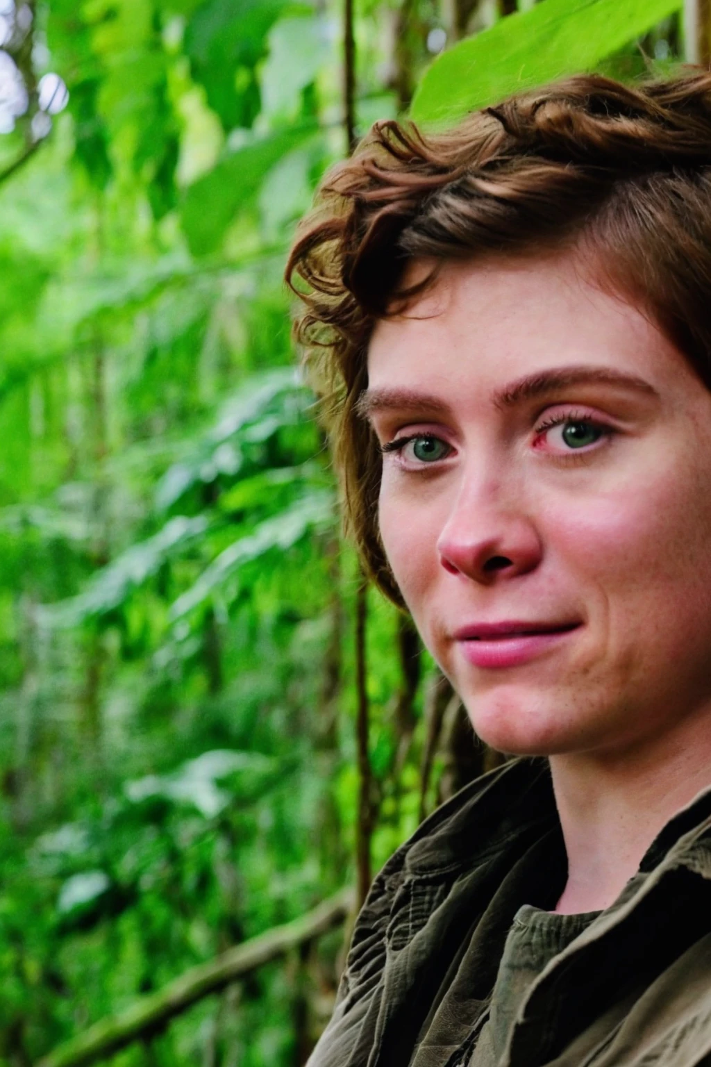 close up portrait of sophialillis portraying a brave and resourceful explorer in the Amazon rainforest <lora:Sophia_Lillis-000016:1>