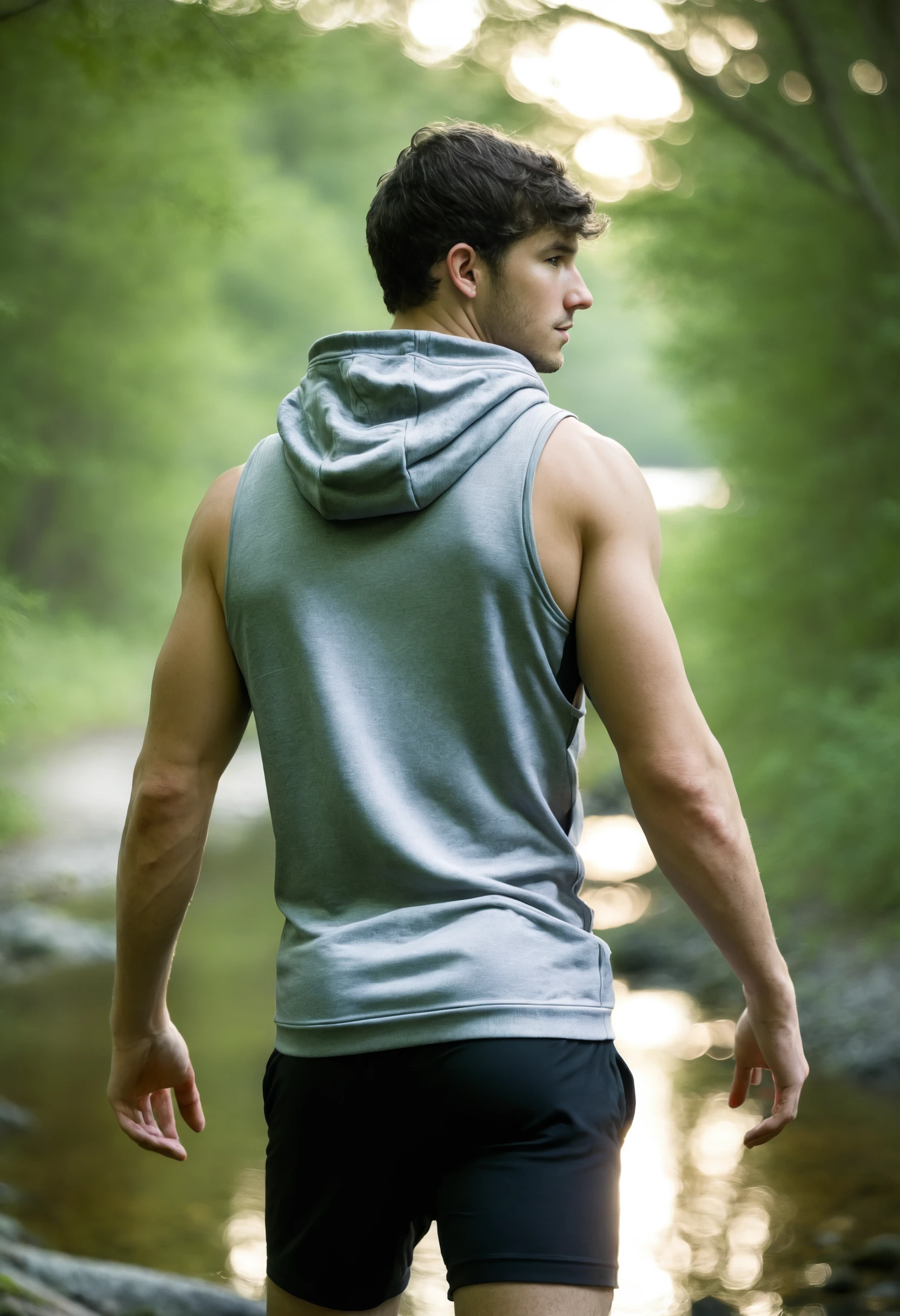 from behind, looking back, photo of dustin_zito, wearing a sleeveless well-fitted Under Armour hoodie and compression shorts in a forest near a creek, 35mm photograph, film, bokeh, professional, 4k, highly detailed <lora:dustin_zito_xl-05:0.8>, creek in the background, natural lighting, golden hour