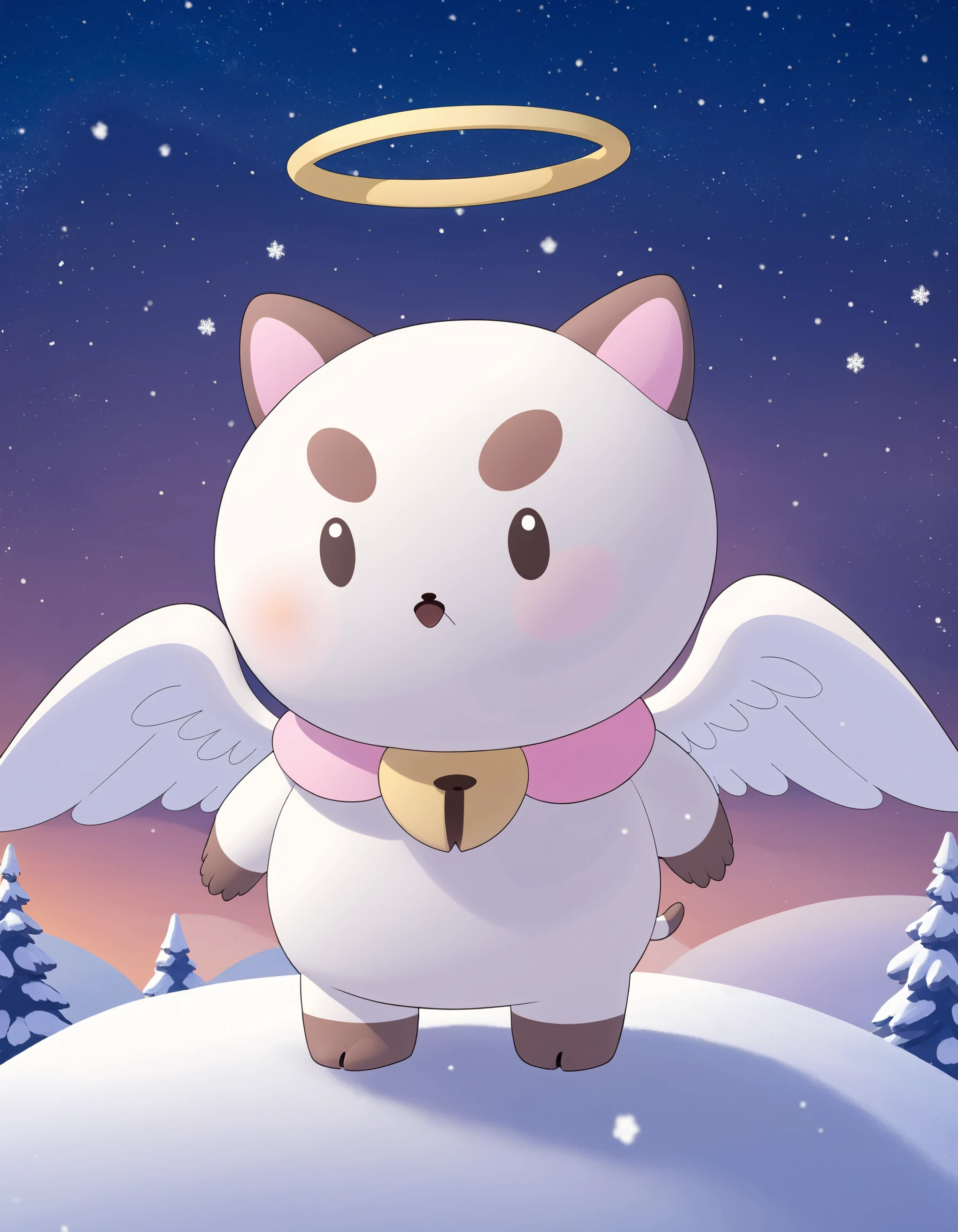 Puppycat,masterpiece, best quality, cat, no humans, solo, wings, bell, :<, full body, sky, standing, halo, angel wings, neck bell, snow, tail, closed mouth, night sky, starry sky, animal ears, outdoors, chibi , <lora:PuppycatXL:0.8>