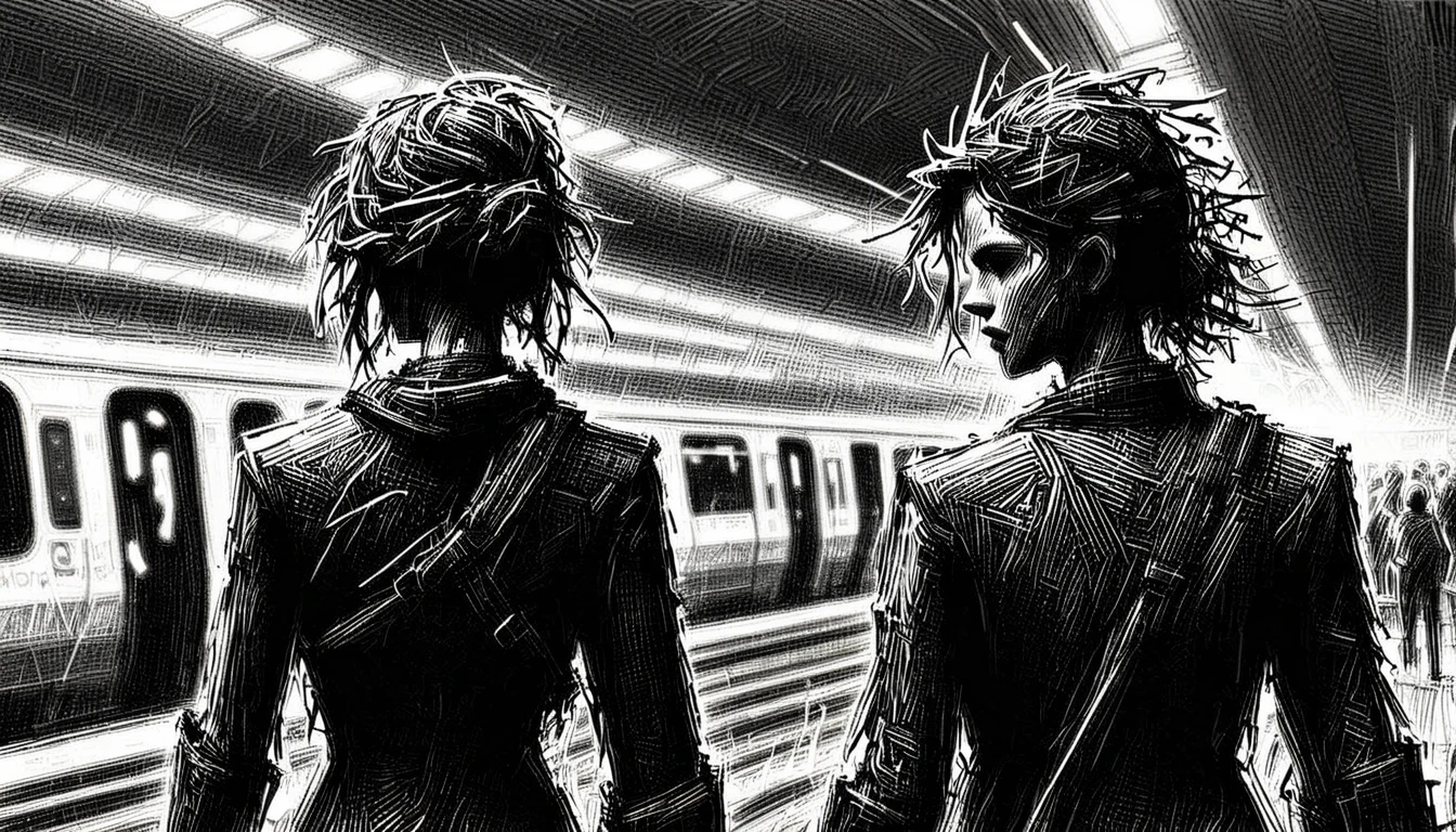 ScribbleRay, black and white, doodle, messy, dirty, hard lines, (scribble:1.5) , sketch, Kit Harington, he is Classic, at Subway station, Clear skies, Sci-Fi, F/14, unreal engine