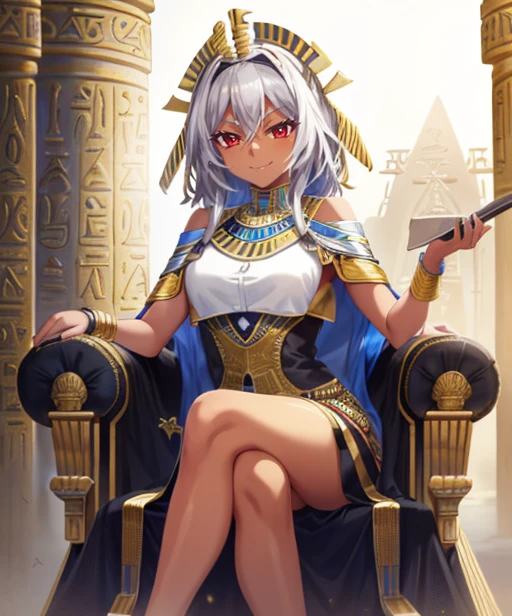 (adult woman), (1girl, solo), sitting on a throne, crossed legs, ((egyptian, pharaoh, dark skin)), (mischievous smirk, seductive smile), (silver hair), (red eyes), ((eqyptian temple)), ((best quality, high detail)), ((masterpiece)), <lora:1_izumitsubasa_4e:1>