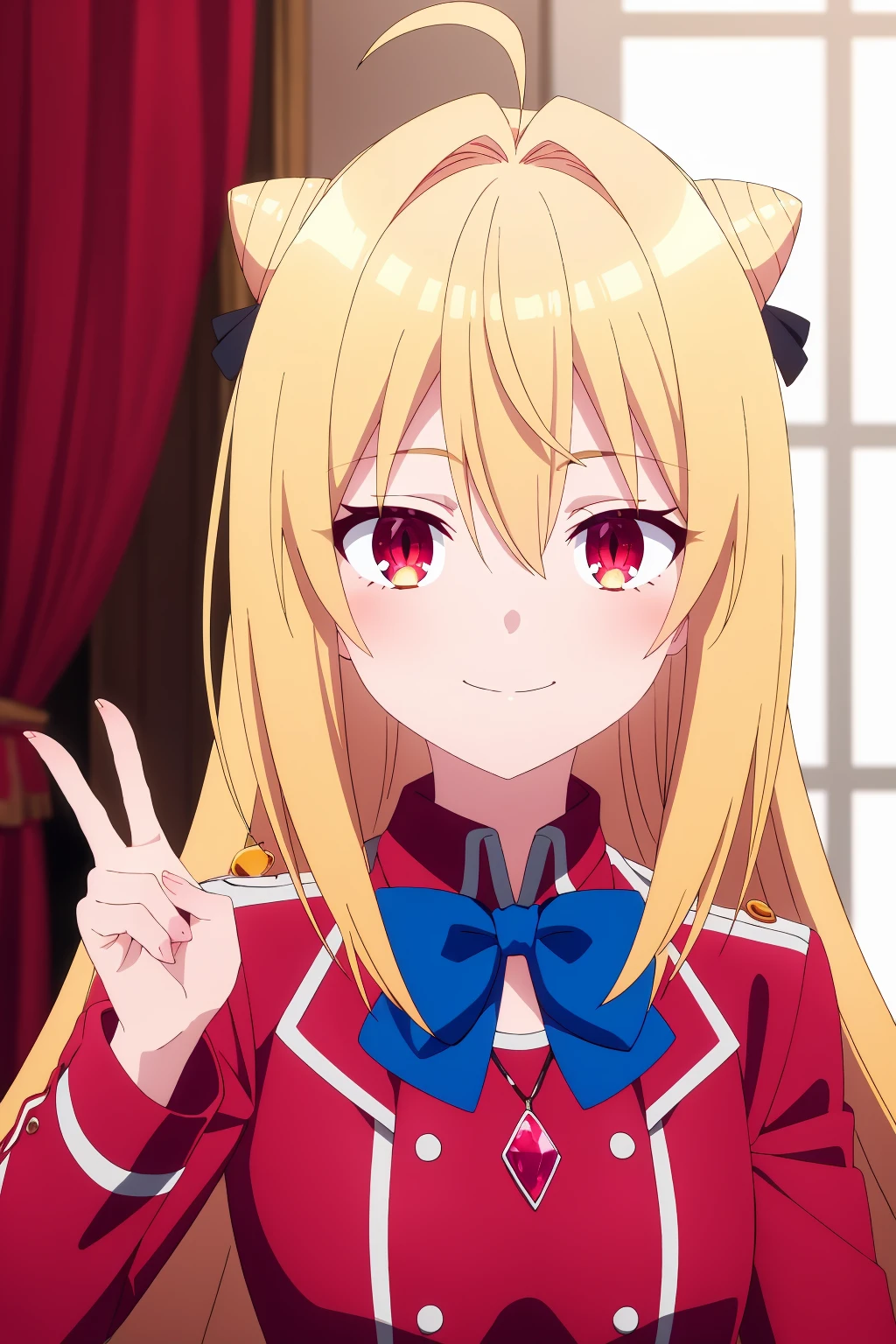 ((best quality)),((highly detailed)),masterpiece,absurdres,detailed face,beautiful face,(detailed eyes, deep eyes),1girl,((dynamic pose)) , <lora:TerakomariV1:0.7>Terakomari, blonde hair, long hair, red eyes, one eye closed, solo, smile, looking at viewer, bow, ahoge, blue bow, cone hair bun, blush, hair bun, school uniform, hair between eyes, upper body, hair intakes, ribbon, long sleeves, closed mouth, bangs, jacket, bowtie, hair ribbon, blue bowtie, red jacket, holding, jewelry, very long hair, gem, indoors, double bun, peace sign, curtains, shirt, red shirt, small breasts, hair bow