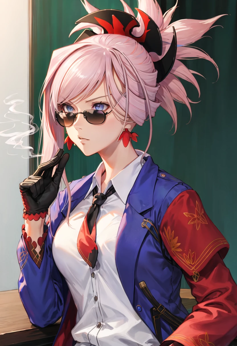 best quality, masterpiece, highres, solo, {miyamoto_musashi_fgo:0.90}, {black business suit:1.40}, {tie:1.20}, {sunglasses:1.25}, {white gloves:1.15}, {white shirt:1.10}, {black skirt:1.15}, {smoking:1.20}, handsome
