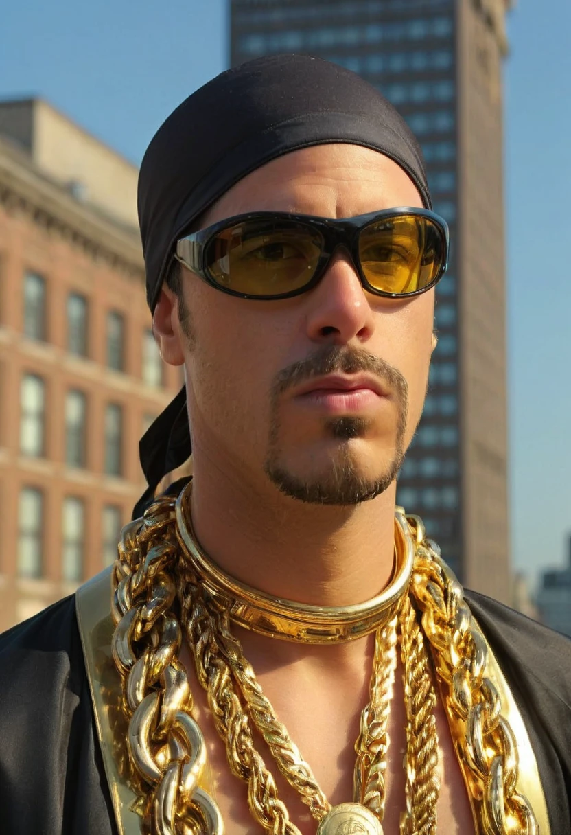 a picture of a man EPAliGXL wearing an an expensive two piece suit, black do-rag, sunglasses, jewellery, standing on a rooftop, london, upperbody portrait