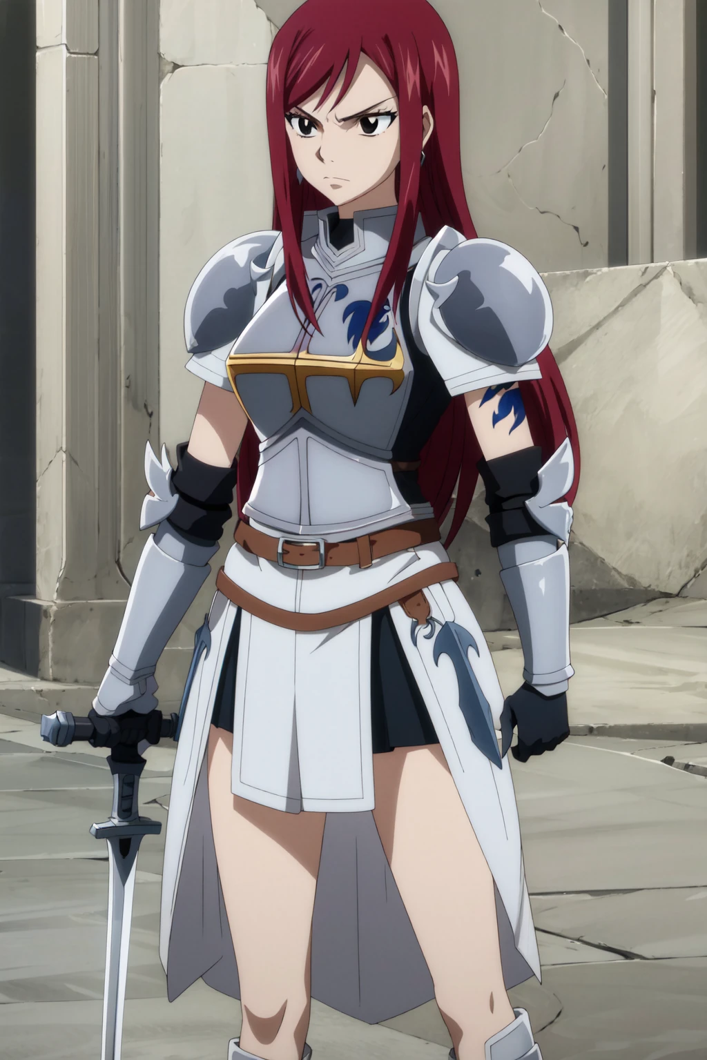 <lora:anime_screencap_v2:0.3> tall body, tall, long legs, mature female, mature, adult
<lora:Prodigy_Erza_Fairytail:1> , Fairytail_Erza, 1girl, long hair, solo, armor, red hair, weapon, jewelry, sword, gauntlets, earrings, serious, holding, breastplate, tattoo, gloves, holding weapon, closed mouth, frown, black eyes, belt, standing, cowboy shot, breasts, shoulder armor, pauldrons