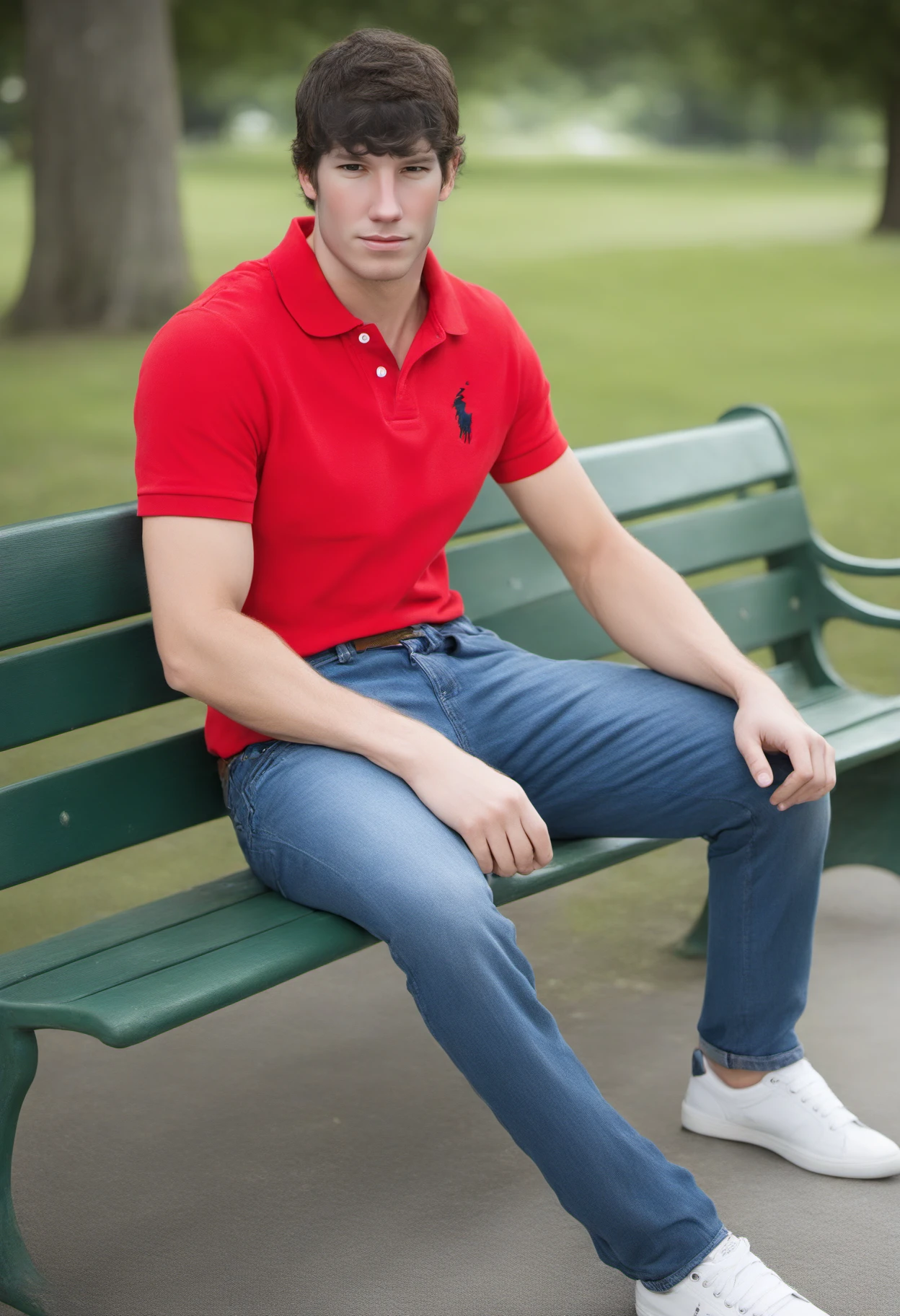 photo of dustin_zito <lora:dustin_zito_xl-000005:0.8> sitting on a park bench outdoors wearing white sneakers a red Ralph Lauren polo shirt and tight blue jeans with a belt