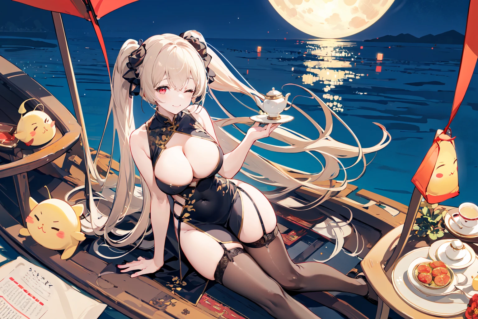 (masterpiece:1.2),best quality,PIXIV,
Anchorage ( Moonlit Boat Ride),1girl,breasts,manjuu \(azur lane\),one eye closed,dress,cup,thighhighs,long hair,large breasts,china dress,chinese clothes,looking at viewer,sitting,cleavage,bare shoulders,clothing cutout,smile,pelvic curtain,cleavage cutout,red eyes,solo,black dress,official alternate costume,holding,sleeveless dress,sleeveless,lantern,very long hair,underboob cutout,candle,holding cup,teacup,brown hair,from above,brown thighhighs,water,gold trim,table,twintails,closed mouth,night,;\),food,teapot,reflection,
<lora:Anchorage Moonlit Boat Ride_20240202152152:0.8>,
