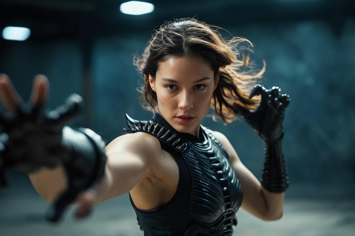 upper body epic realistic portrait of (young [german:tibetan:0.4] woman:1.2) practicing (wu-xing fighting:0.9) against the (brutal xenomorph ninja:1.25), blurry xenomorphs in smooth background with bokeh, realistic feminine anatomy, real female limbs proportions, intricate wavy kung-fu dress, (perfect feminine hands, correct fingers, ideal arms, artistic dynamic pose:1.25)wor, film grain, realism, hyperrealistic, (shallow depth of field, frontal bokeh, light particles flying in air, volumetric light, light caustics, refraction, reflection, v-ray, ray tracing:1.15)