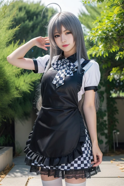 ltra-detailed,highly detailed,best quality,masterpiece,illustration,realistic,photorealistic,
nyaruko, 1girl, cosplay, solo,
maid apron, dress, puffy sleeves, checkered skirt, crossdressing, checkered bowtie, frilled short sleeves, black apron,
long hair, grey hair, ahoge,
looking at viewer, standing, upper body,
outdoors, photo background, water, grass,reeds, autumn, autumn leaves,
<lora:nyaruko_v1_06:0.8>