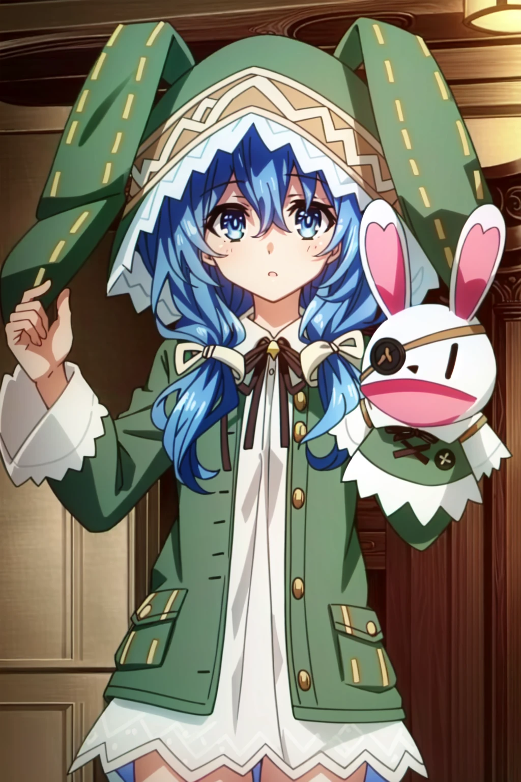 (extremely detailed CG unity 4k wallpaper),(masterpiece),(best quality),(ultra-detailed),(best illustration),(best shadow),(absurdres),(detailed background) <lora:OGT_Yoshino_Himekawa-v1:1> Yoshino Himekawa, 1girl, hood, blue hair, animal hood, long hair, blue eyes, animal ears, looking at viewer, puppet, solo, rabbit ears, hand puppet, hair between eyes, long sleeves, upper body, rabbit hood, eyepatch, stuffed bunny, bangs, hood up, open clothes, white dress, dress, coat, stuffed toy, ribbon
