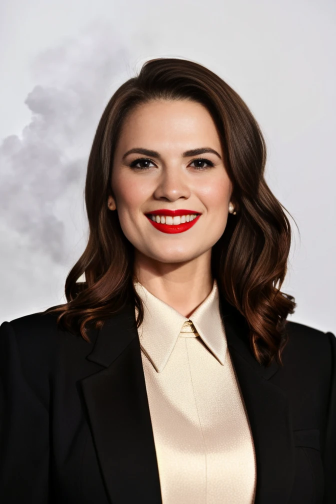 Formal attire, conservatives attire, modest, humble, Hayley_Atwell woman busty brown hair brown eyed model a woman posing for a picture on the epic location, fantasy location, fire smoke and black background and a urban in the background model red lips great hair tall perfect skin great teeth <lora:Hayley_Atwell-000012:0.7>