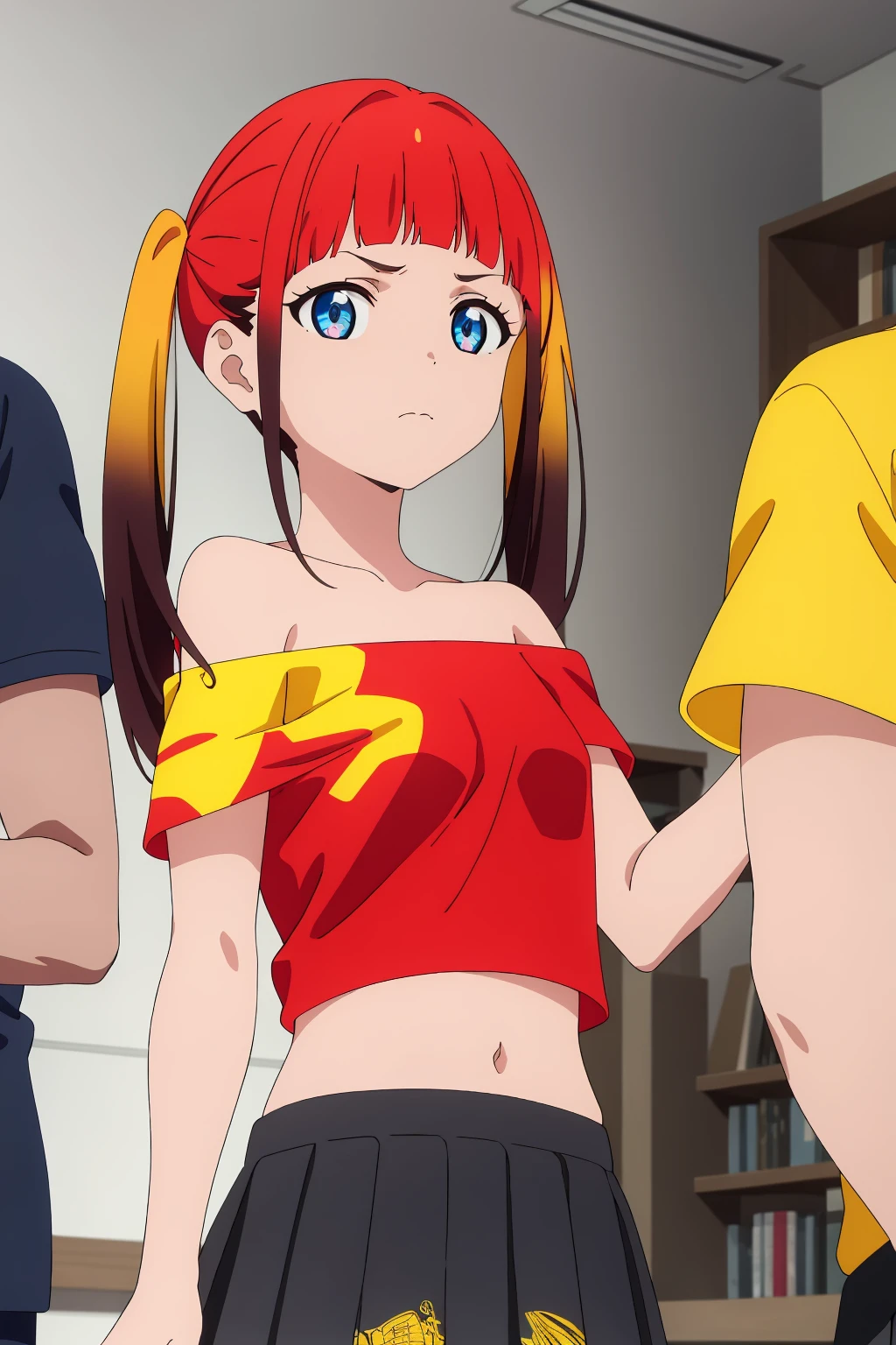((best quality)),((highly detailed)),masterpiece,absurdres,detailed face,beautiful face,(detailed eyes, deep eyes),1girl,((dynamic pose)) <lora:ChiseV1:0.7>Chise, gradient hair, blue eyes, twintails, red hair, navel, long hair, skirt, red shirt, midriff, shirt, solo, blunt bangs, bare shoulders, bangs, black skirt, collarbone, off shoulder, holding, closed mouth, two-tone hair, pleated skirt, frown, standing, short sleeves, print shirt, upper body, sidelocks, t-shirt, solo focus