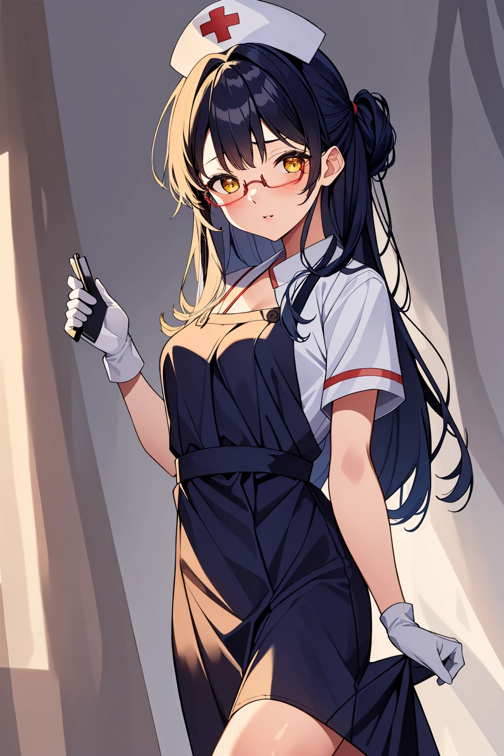 ((masterpiece, best quality, high quality)),1girl, (hospital), <lora:infirmary_v0.1:0.5> infirmary, dress <lora:Aya Kawasaki:0.7> (1girl, 3dcg 02, aya kawasaki, bangs, dark blue hair, glasses, hair over shoulder, long hair, ribbon bangs, small breasts, solo, straight hair, under-rim eyewear, yellow eyes), <lora:0- CL - Long Skirt Nurse V2:0.8> (nurse_uniform_long_3, gloves, apron, nurse cap, nurse,long dress),