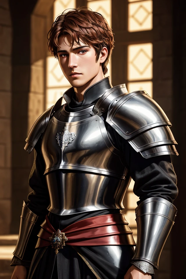 Intricately detailed portrait, official art, of (seductive royal knight 25yo male), armor, in medieval battle scene, abs, handsome face, amber red eyes, rugged, shallow depth of field, cinematic lighting, , (highly detailed:1.2), (soft focus), Game of Thrones film still, HDR, 8k resolution