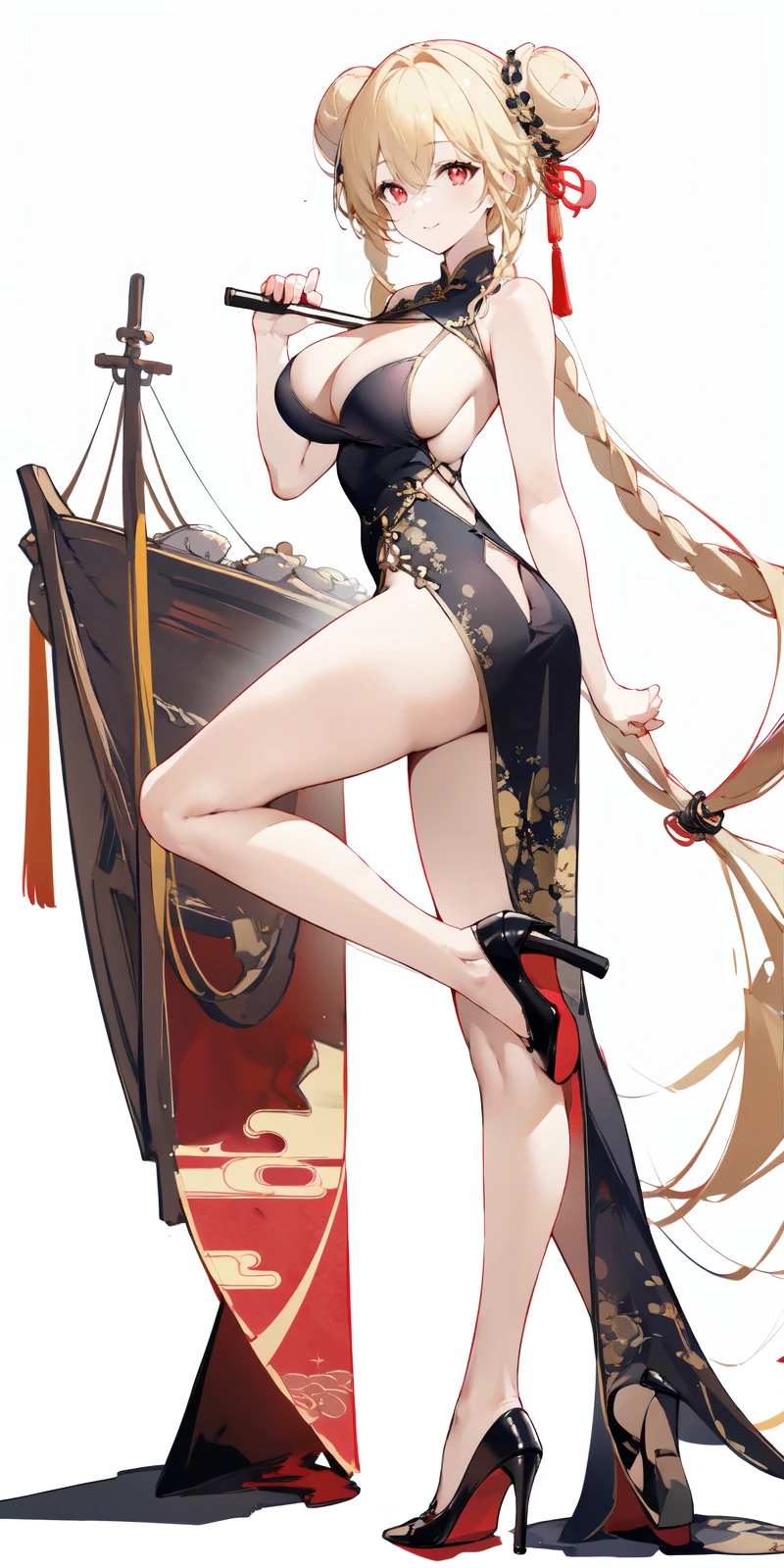 [(white background:1.5)::5],(bottle bottom:0.9),masterpiece,(full body:1.2),
Anchorage ( Moonlit Boat Ride),from side,1girl,breasts,solo,dress,red eyes,high heels,double bun,braid,black dress,hair bun,large breasts,china dress,long hair,cleavage,chinese clothes,full body,black footwear,looking at viewer,twin braids,white background,arm behind back,standing,sleeveless dress,simple background,bare shoulders,sleeveless,blonde hair,thighs,bangs,smile,pelvic curtain,bare legs,closed mouth,very long hair,side slit,hand fan,
<lora:Anchorage Moonlit Boat Ride_20240202152152:0.8>,<lora:azur lane_20230619144714-000018:0.3>,