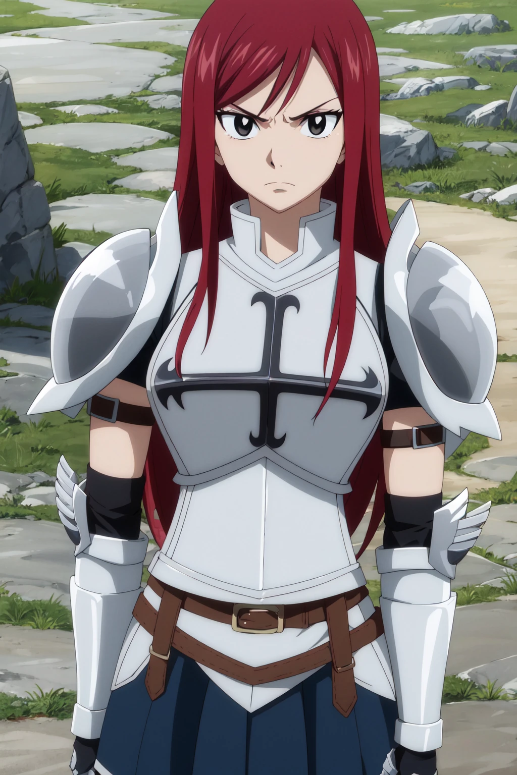 Hyper realistic super detailed sexy Erza Scarlet , Very detailed, expressions faciales sexy, seductive facial expressions, [:(Face detail: 1.4): 0.4], 16K resolution, 4k resolution, dinamic lighting, High definition resolution, (hyper realistic: 1.4),(contrasting background: 1.5), (Anatomy of the hyperrealistic arm), (Hyperrealistic anatomy of the legs), (peau propre), (lighting cinematic: 1.7), (intime), (Technologie NVIDIA RTX Ray Tracing), (Anatomy of the hyperrealistic arm: 2), (Ventre plat parfait), (image couleur),  Erza Scarlet ,long hair, red hair, brown eyes, armor, shoulder armor, gauntlets, breastplate, armored dress, belt, pleated skirt, blue skirt, hair over one eye, outdoors, (skirt lift:1.3), panties, thong, frown, blush