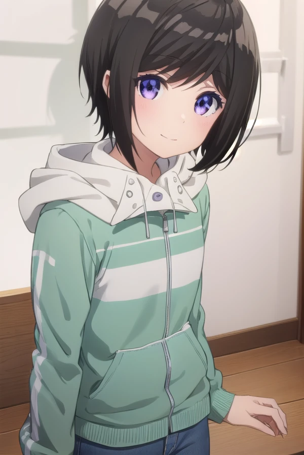 chihirohashima, <lora:chihiro hashima s1-lora-nochekaiser:1>,
chihiro hashima, short hair, black hair, (purple eyes:1.1), smile,
BREAK jacket, pants, hood, hoodie, denim, jeans,
BREAK indoors,
BREAK looking at viewer, (cowboy shot:1.5),
BREAK <lyco:GoodHands-beta2:1>, (masterpiece:1.2), best quality, high resolution, unity 8k wallpaper, (illustration:0.8), (beautiful detailed eyes:1.6), extremely detailed face, perfect lighting, extremely detailed CG, (perfect hands, perfect anatomy),